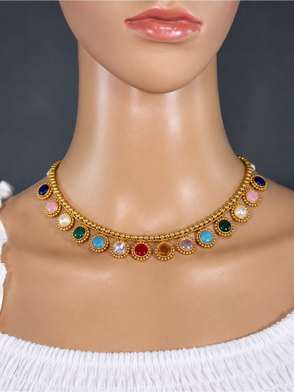 Gold Multi-Gemstone Collar Necklace - Women Jewelry